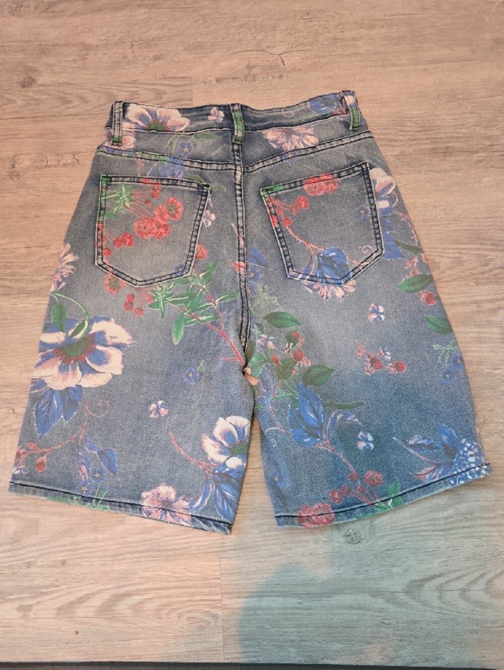 Denim Bermuda Shorts with Colorful Floral Print - Picture 2 of 8